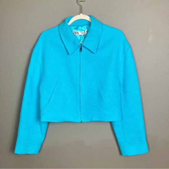 Zara jacket women's small bomber blazer turquoise blue tweed textured NWT - Picture 3 of 14